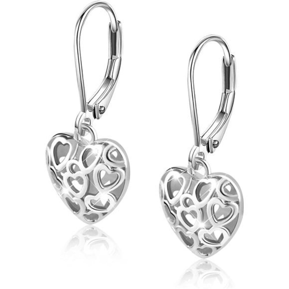 Sterling Silver Heart Earrings 14K Gold Leverback Drop Earrings Women Jewelry